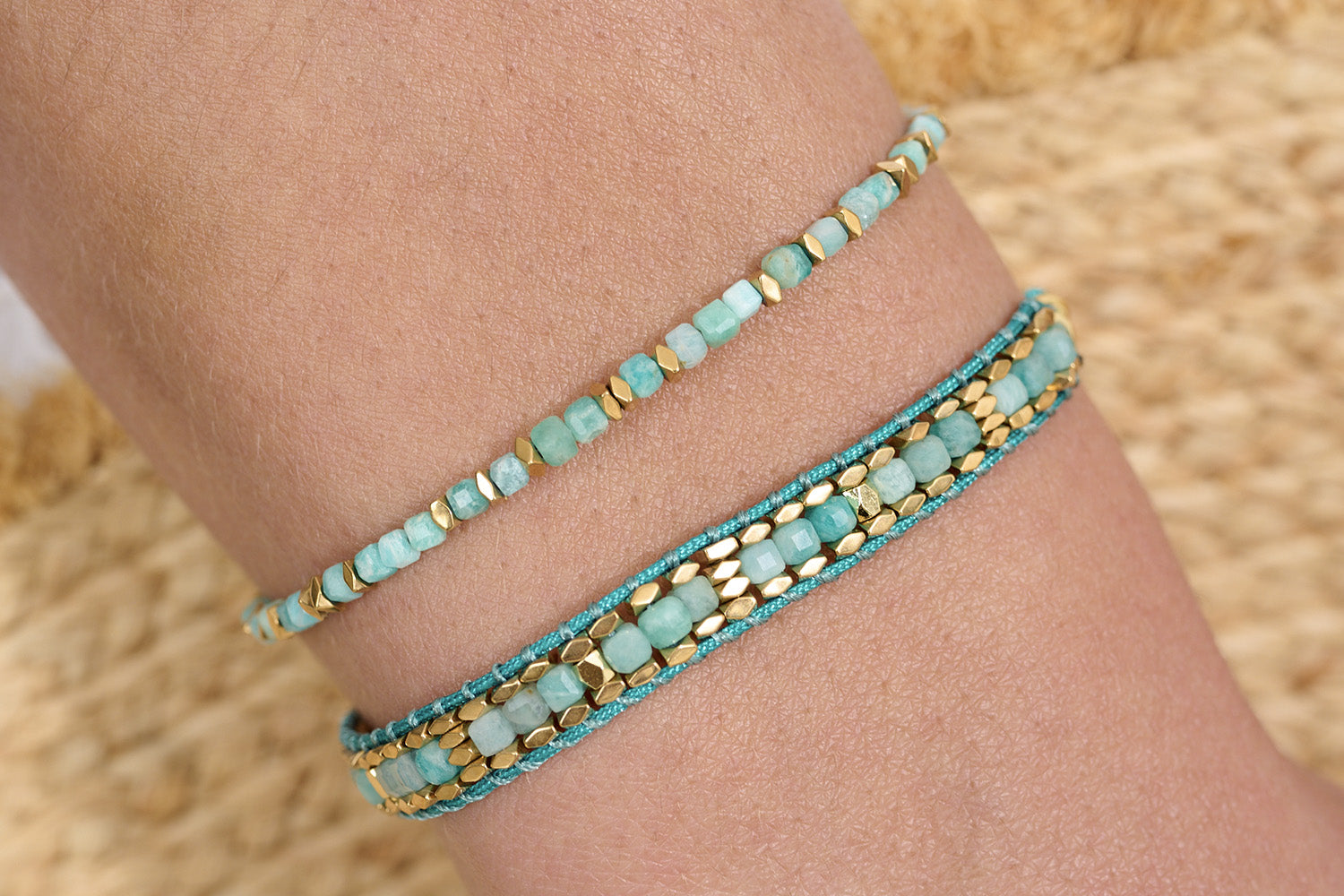 Valentina and Anastasia Amazonite bracelets with gleaming gold tones.
