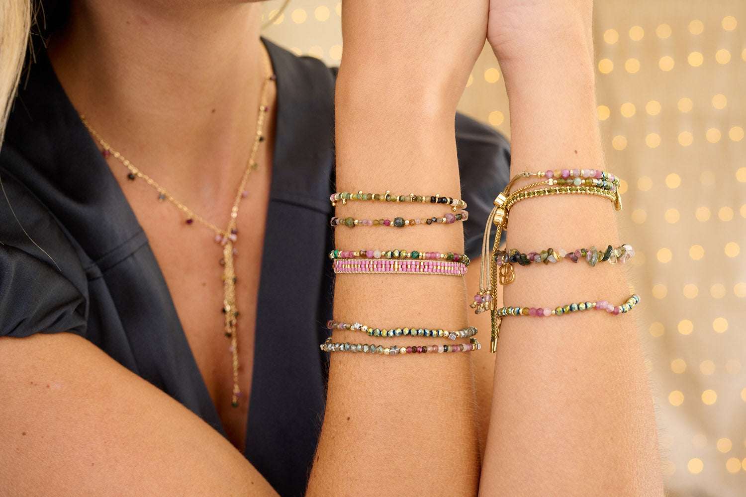 Boho Betty three wrap Amaryllis Tourmaline Stretch Bracelet