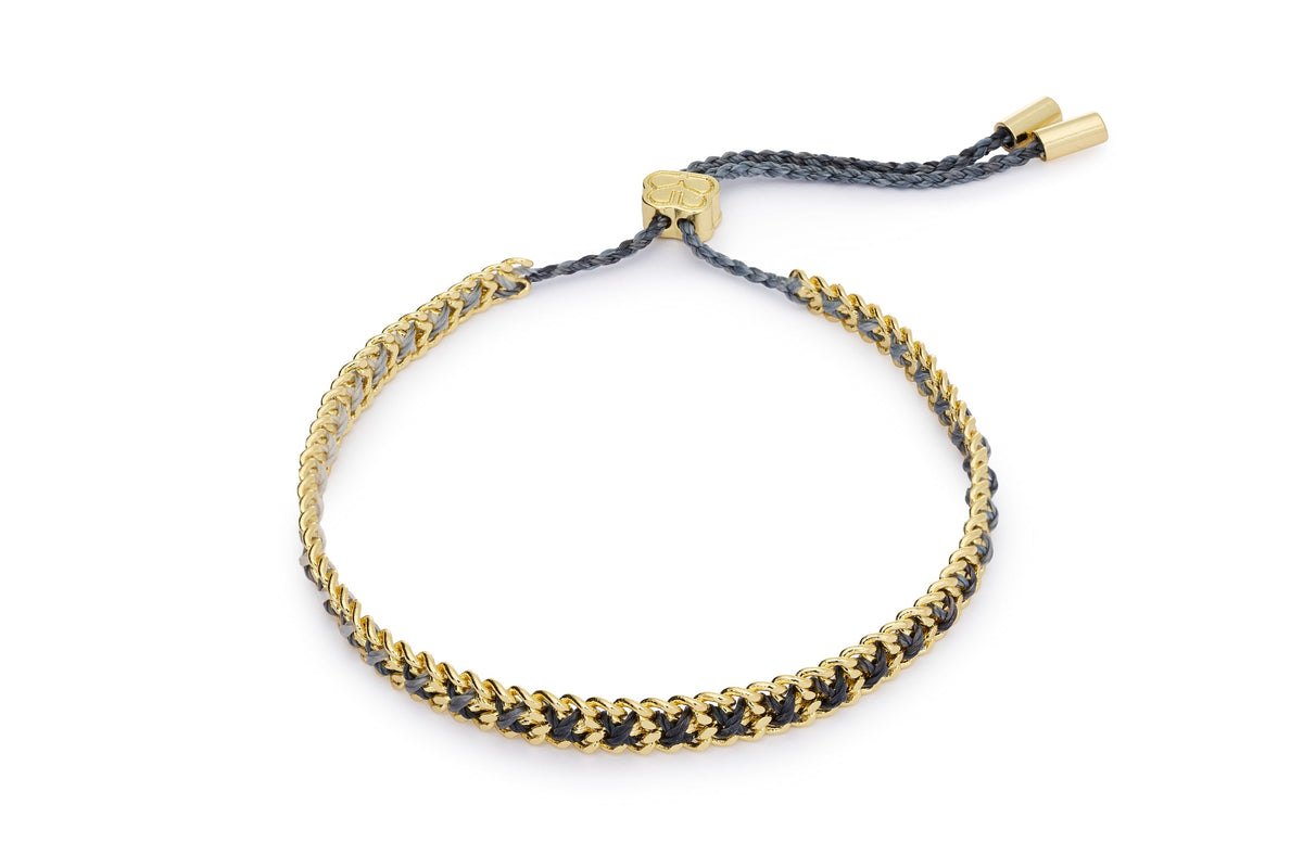 Lilia charcoal and gold woven bracelet with 12k gold-plated brass chain and adjustable slider