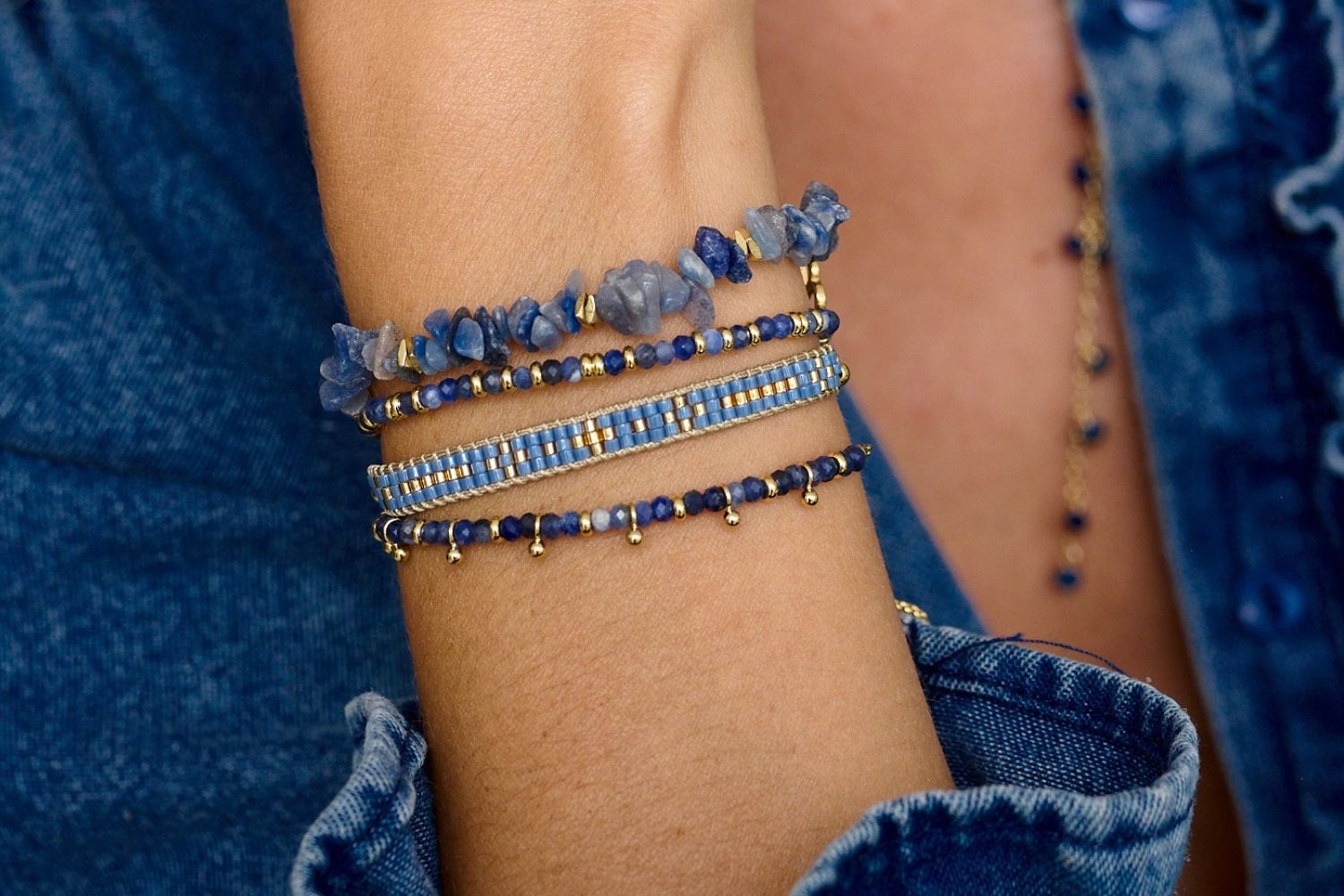 Blue Aventurine crystal gold bracelet with rough-cut gemstones and a filigree Boho Betty gold charm. A meaningful and calming jewellery gift for her.