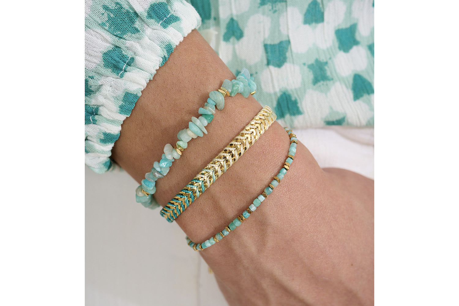 Amazonite and gold make a perfect pairing to create your own dreamy bracelet stacks.