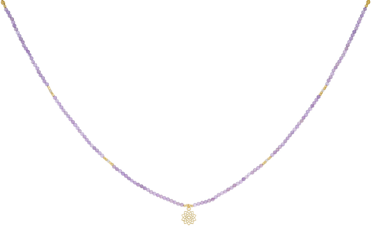 Amethyst and Labradorite Gold Crown Chakra Necklace featuring shimmering labradorite and deep amethyst beads with radiant 12k gold-plated accents for balance and intuition.