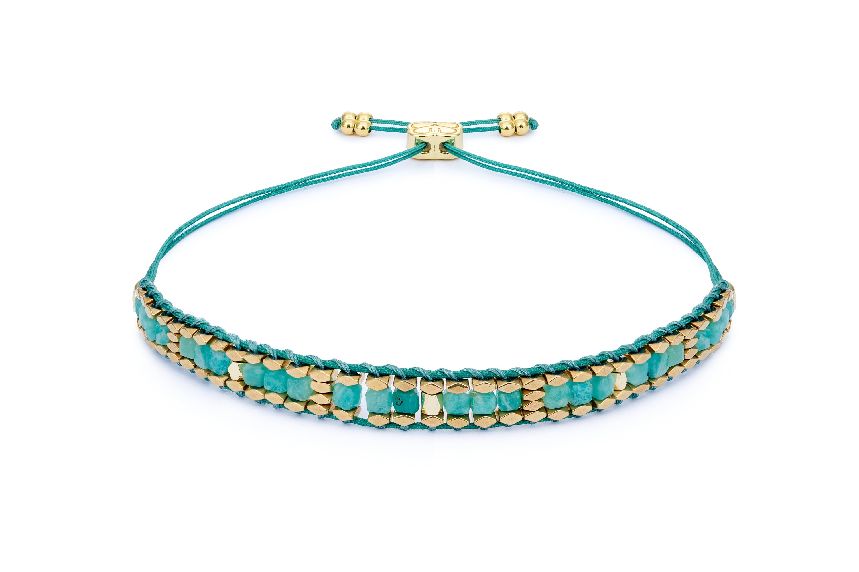 Anastasia Amazonite & Gold Beaded Friendship Bracelet featuring vibrant Amazonite gemstones, 12k gold-plated faceted beads, and an adjustable slider fastening for a perfect fit.