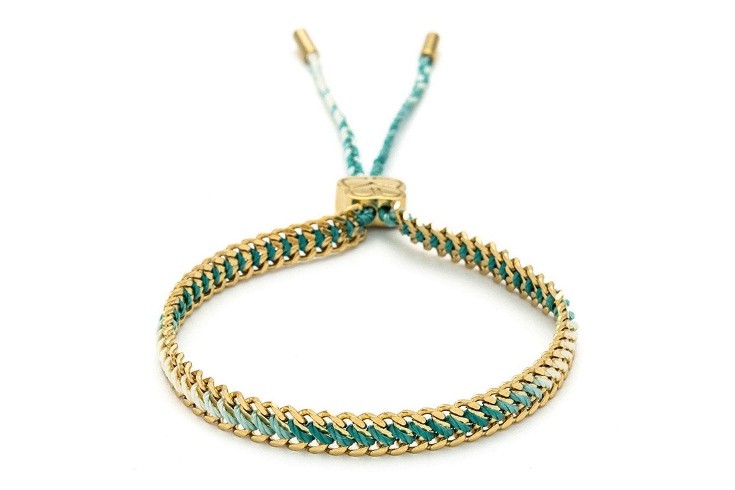 Athena Turquoise Gold Braided Bracelet with turquoise ombré thread and 14k gold PVD curb chain, inspired by tropical waters and beachy style.