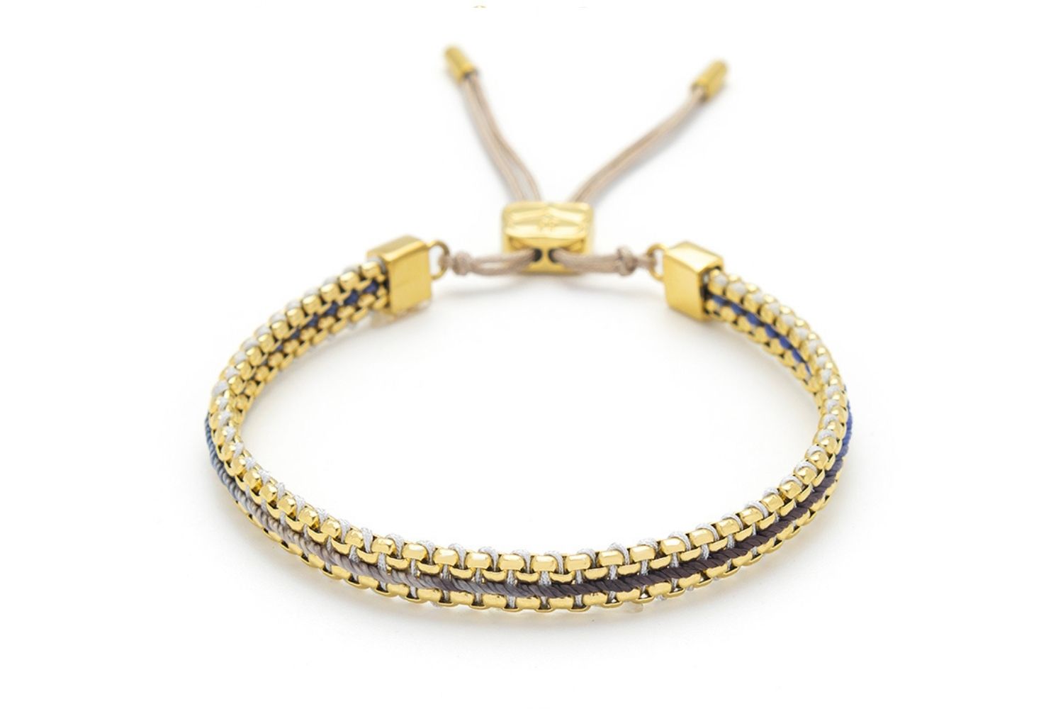 Bloom Denim Gold Braided Bracelet featuring blue ombre thread and 14k gold-plated snake chain, perfect for casual wear or gifting as summer jewelry.