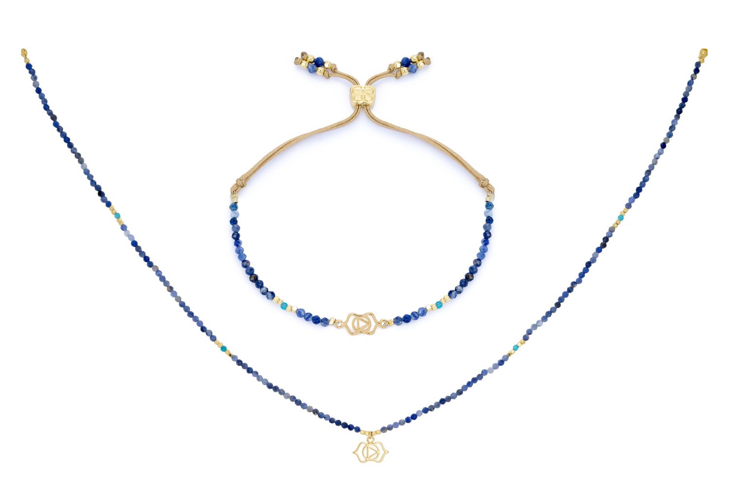 Blue Aventurine & Apatite Gold Third Eye Chakra Necklace and Bracelet Set featuring deep blue gemstones, turquoise accents, 12k gold-plated beads, and a Third Eye Chakra charm for spiritual intuition.