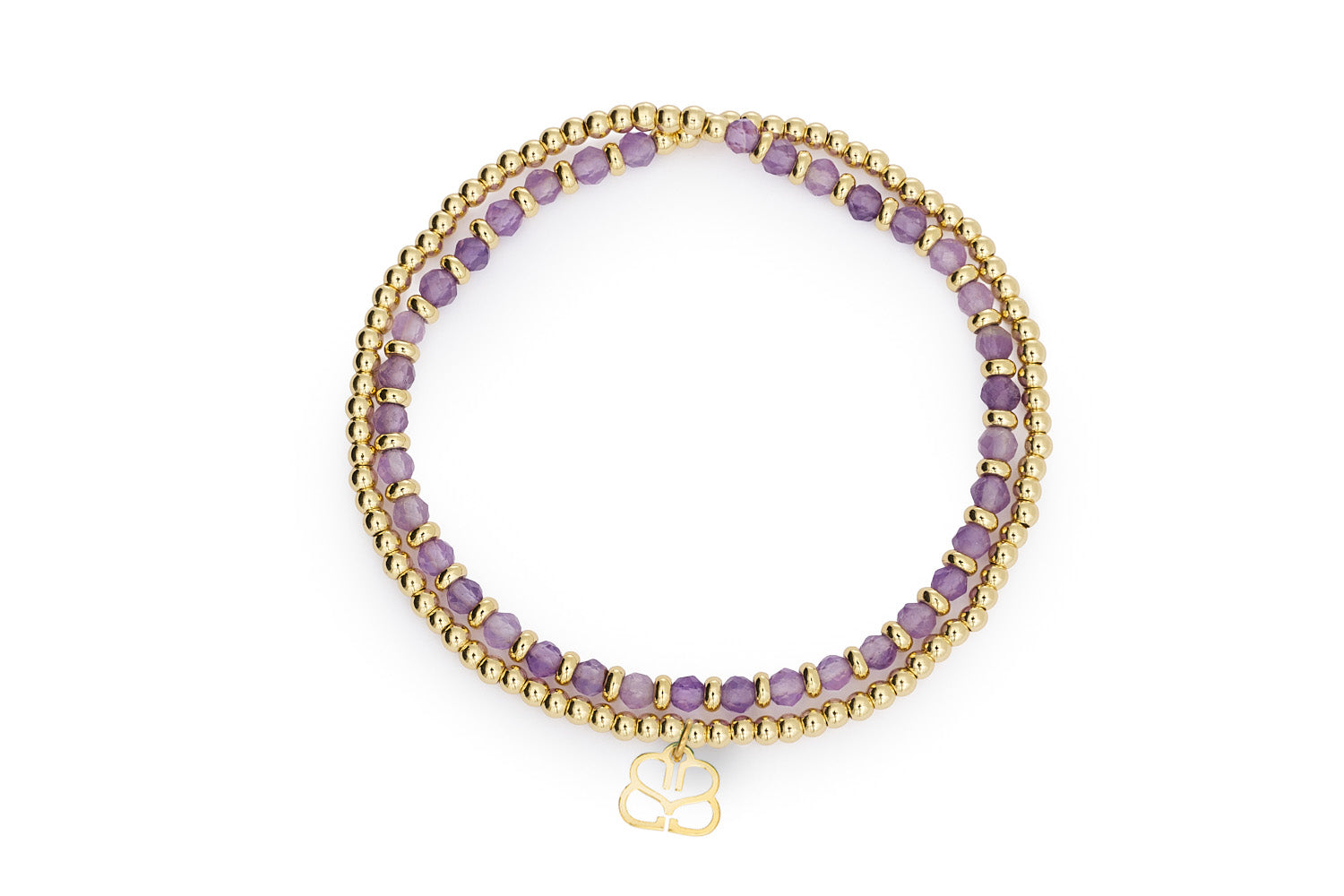 Bluebell Gold & Amethyst Stretch Bracelet with double rows of faceted amethyst beads and 12k gold-plated accents in a flexible wrap-around design.