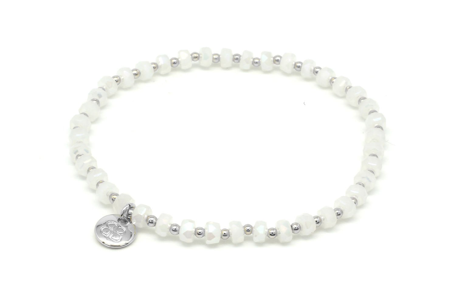 Prunus White Silver Bracelet featuring faceted white crystal beads, waterproof silver PVD accents and a comfortable stretch fit design.