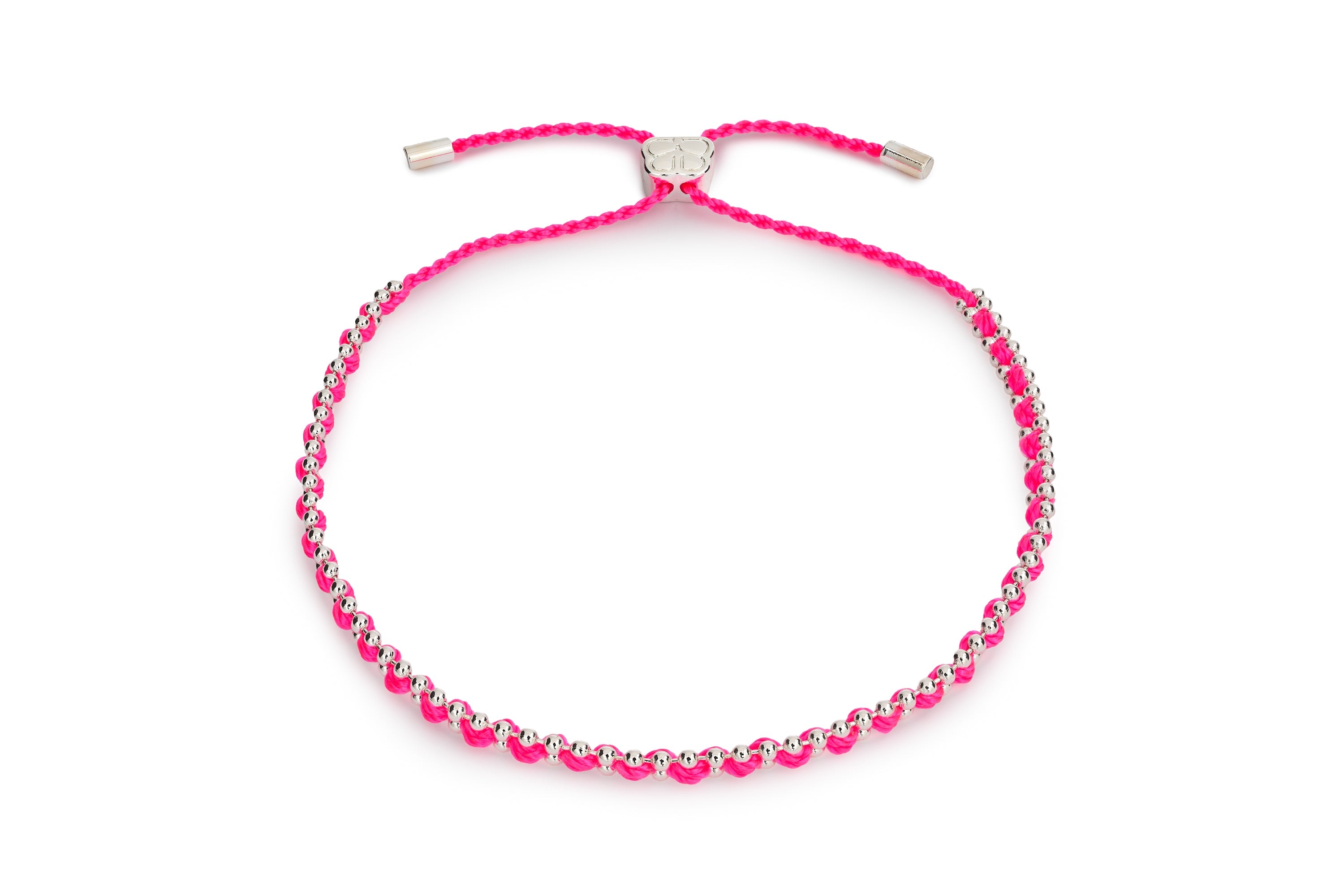 Braid Hot Pink Silver Bracelet with bright pink braided cord, polished silver beads and adjustable slider fastening.