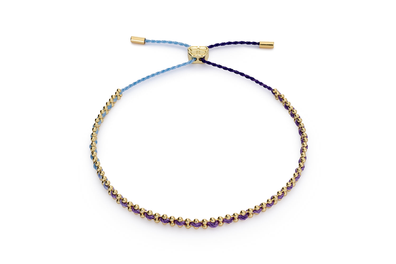 Ombre blue and purple woven bracelet with 12k gold-plated chain and adjustable slider clasp