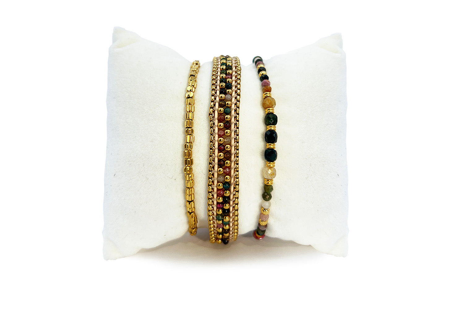 Brava Tourmaline & Gold Bracelet Stack, double-row tourmaline slider with multicolour tourmaline strand and textured gold stretch bracelet