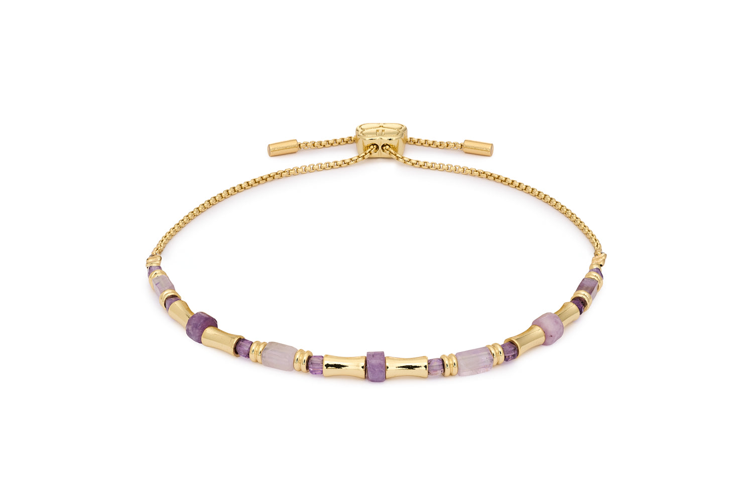Chiara Gold & Amethyst Bead Slider Bracelet with purple gemstones and 12k gold-plated tube beads in an adjustable slider design.