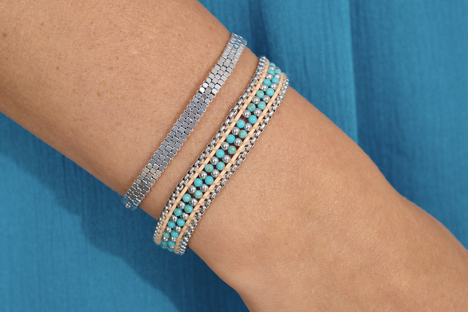 Daiko Silver Beaded Slider Bracelet styled on the wrist with a minimalist design and modern silver beaded texture, perfect for stacking or wearing solo.