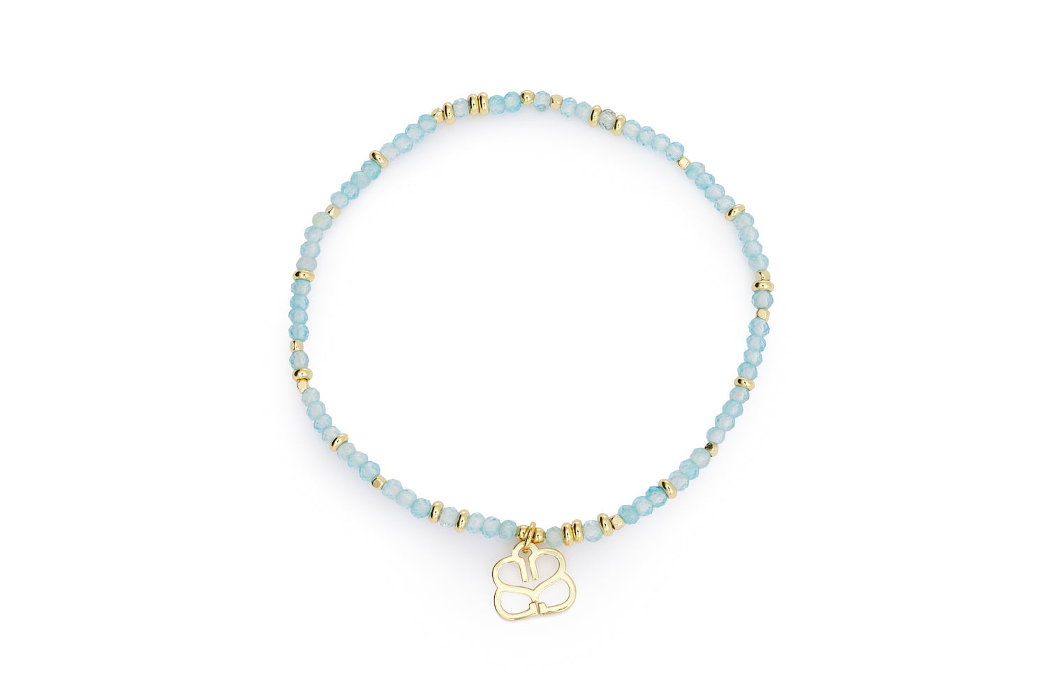 Dash Gold & Blue Topaz Bracelet featuring faceted sea-blue topaz beads and 12k gold-plated brass accents in a comfortable 18cm stretch design.