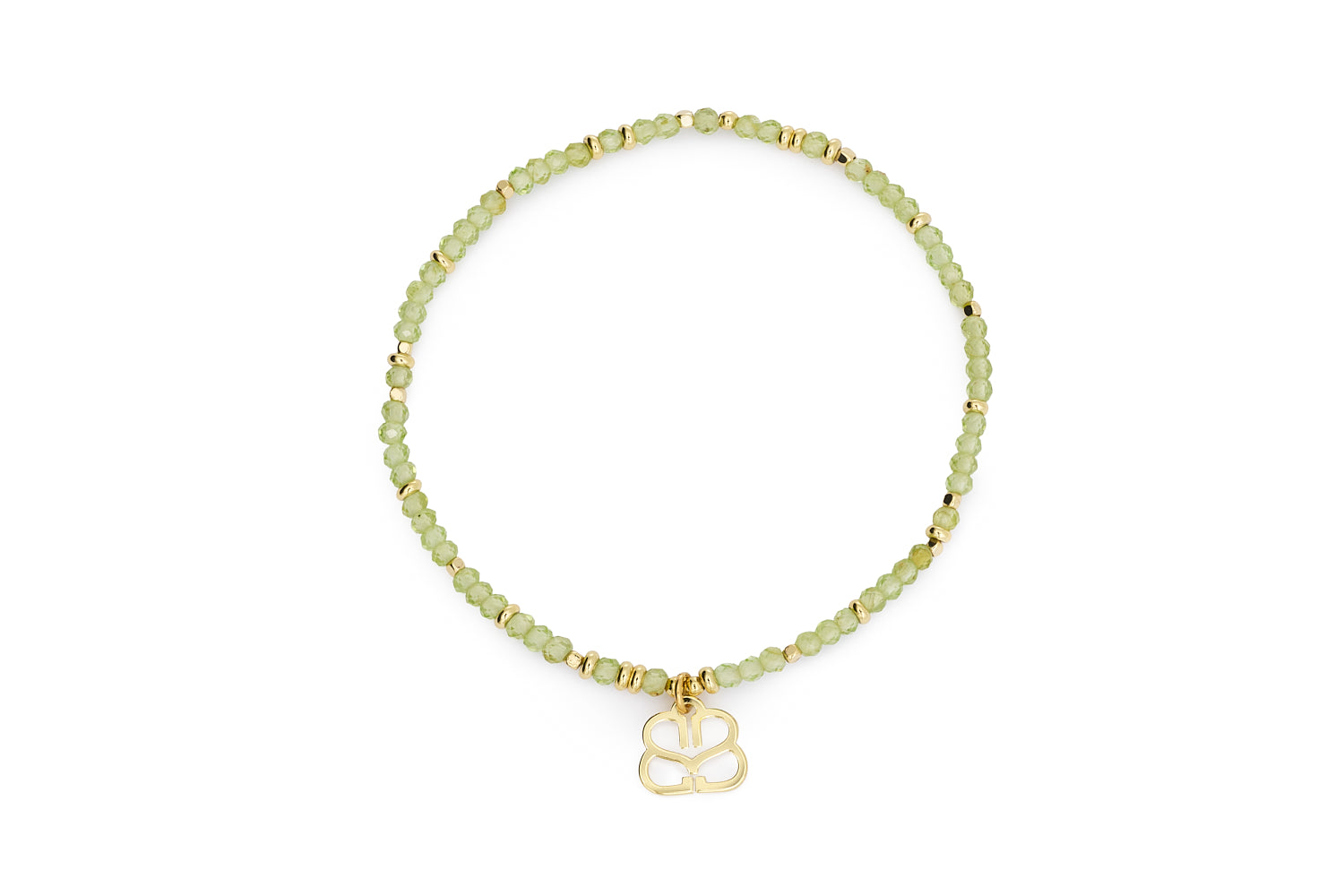 Dash Gold & Peridot Beaded Charm Bracelet featuring faceted green gemstones, gold-plated spacers, and BB clover charm in an 18cm stretch fit design.