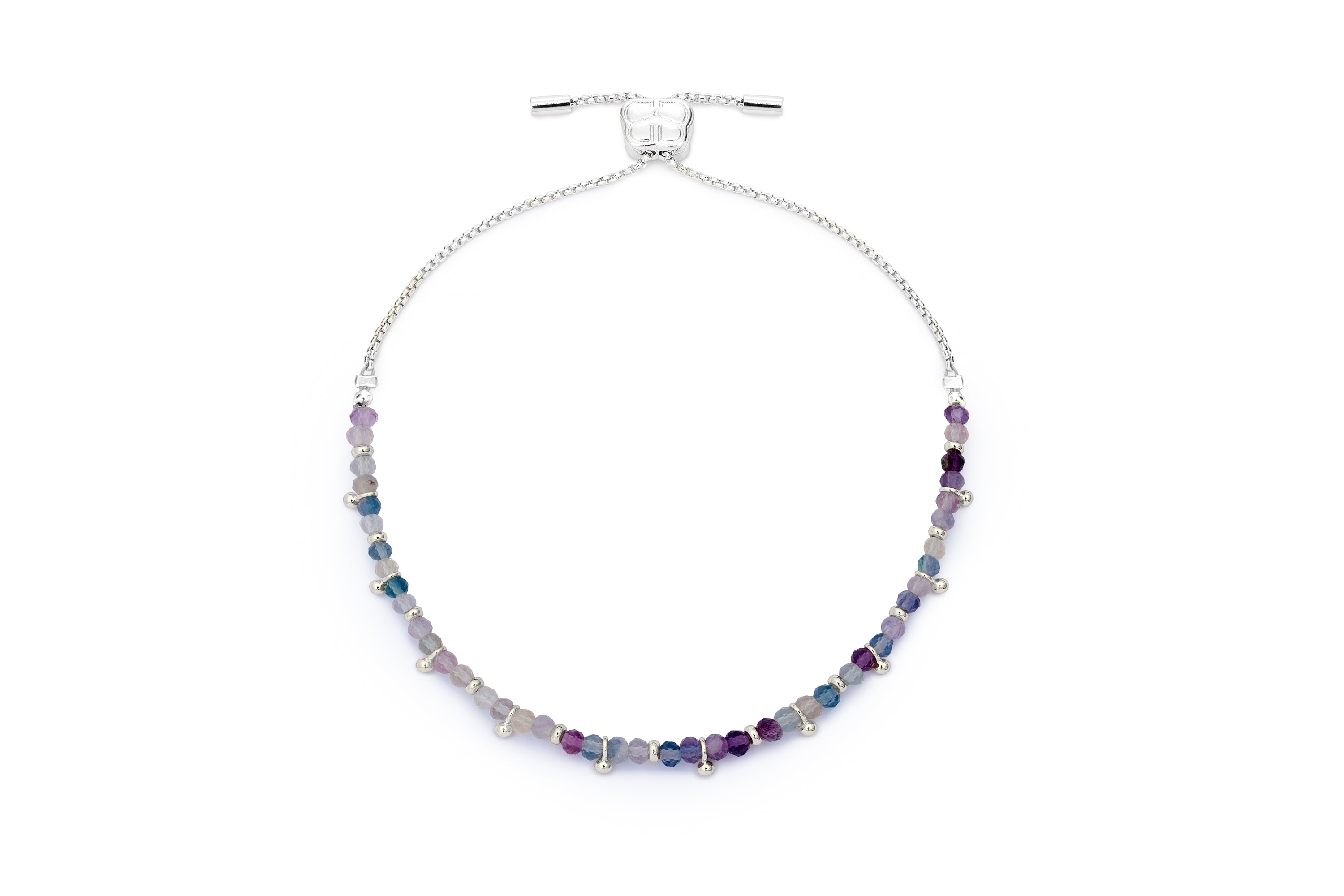 Harmony Silver & Rainbow Fluorite Gemstone Bracelet featuring soft lilac, deep violet, and ocean blue fluorite beads with sleek silver-plated accents and an adjustable slider fastening.