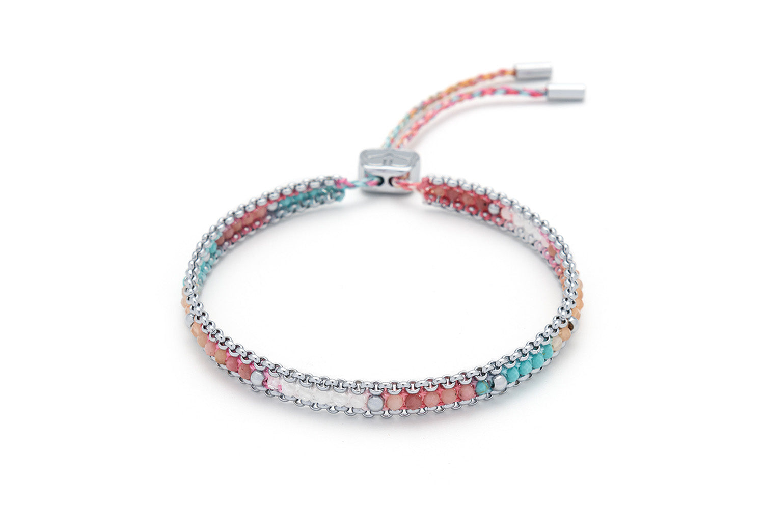 Helaine Candy Silver Friendship Bracelet with ombré gemstone beads in red, yellow, white, and orange tones, handwoven with stainless steel chainwork.