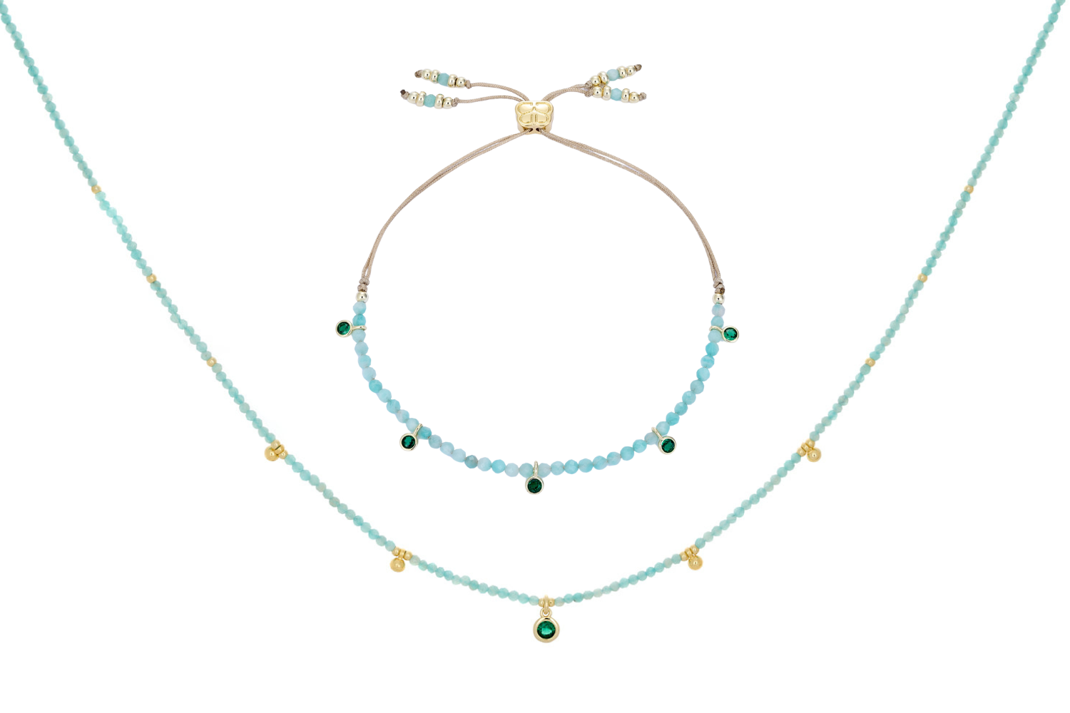 Holly Amazonite Necklace and Bracelet Set featuring vibrant Amazonite gemstone beads, green CZ charms, and 12k gold-plated accents, designed for a fresh and elegant summer look.