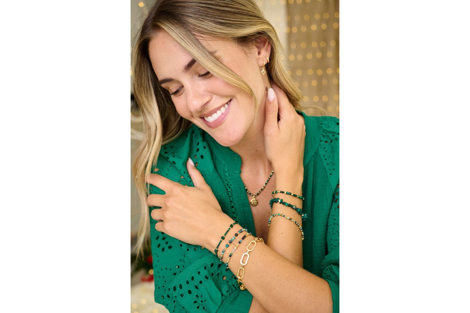 Iris Gold Azurite Gemstone Slider Bracelet styled on wrist, layered with gold and beaded bracelets