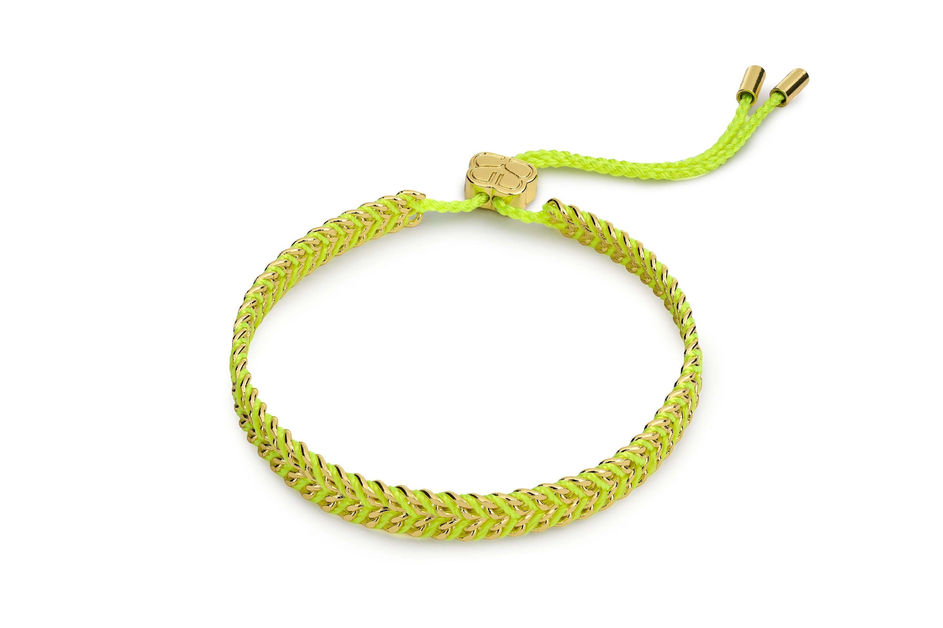Iztac Gold & Neon Yellow Woven Bracelet with bright yellow braided thread woven through a polished gold chain and adjustable slider fastening.