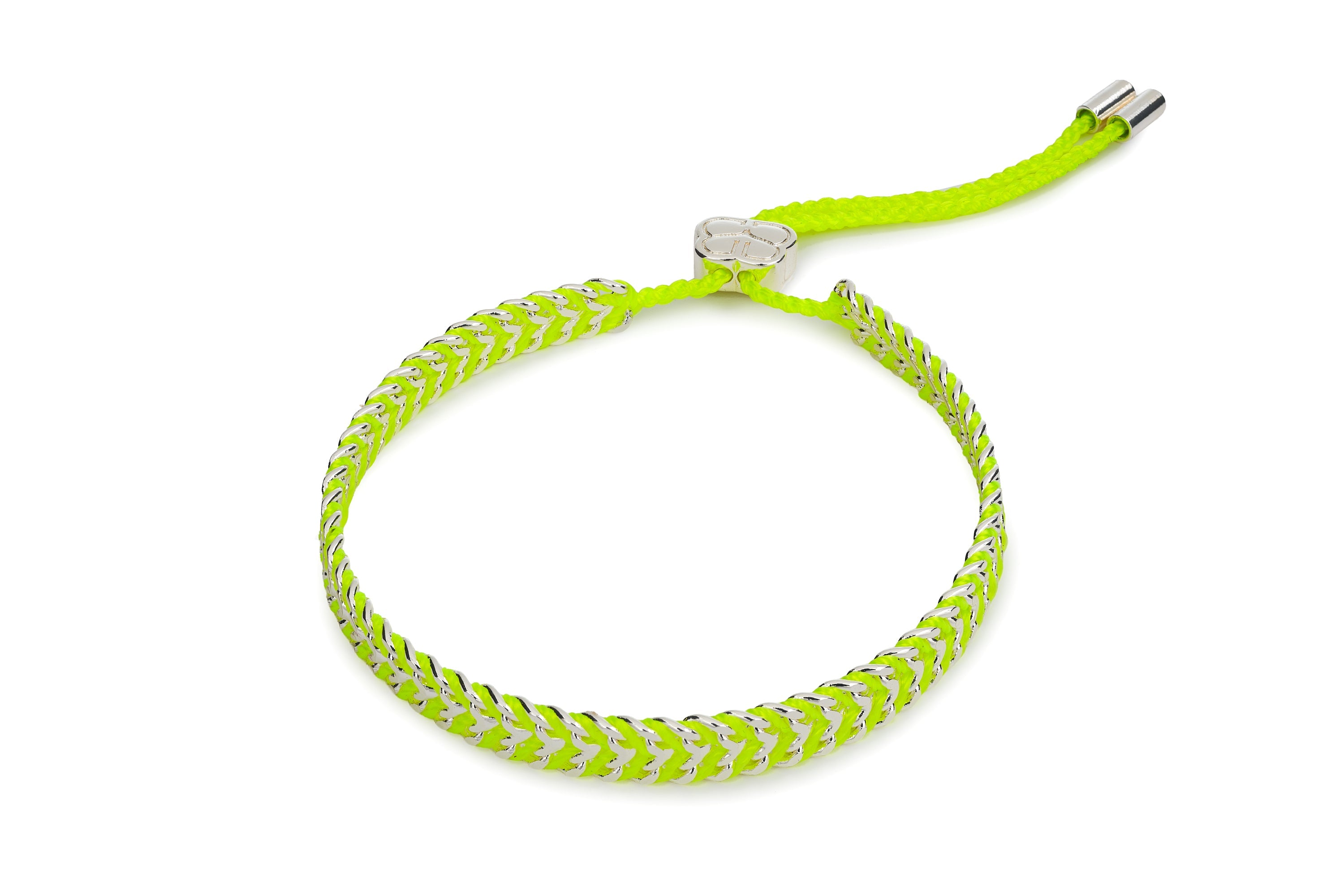 Iztac Silver & Neon Yellow Woven Bracelet with bright yellow braided thread woven through a polished silver chain and adjustable slider fastening.