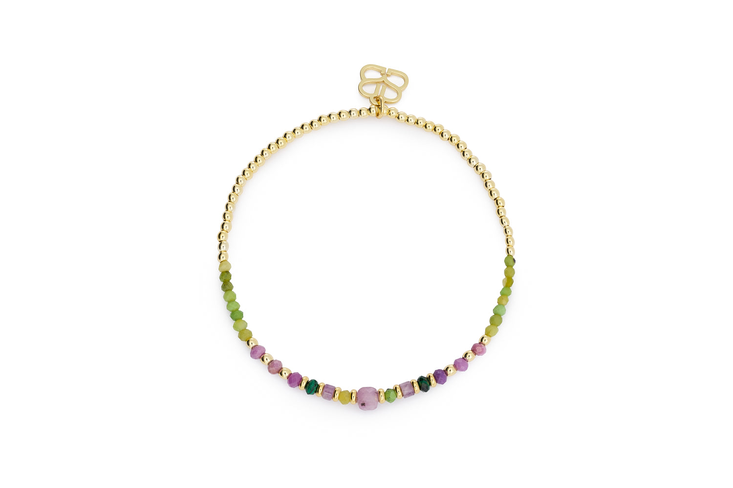 Kalina stretch bracelet with green jade, amethyst, malachite and gold-plated beads on white background