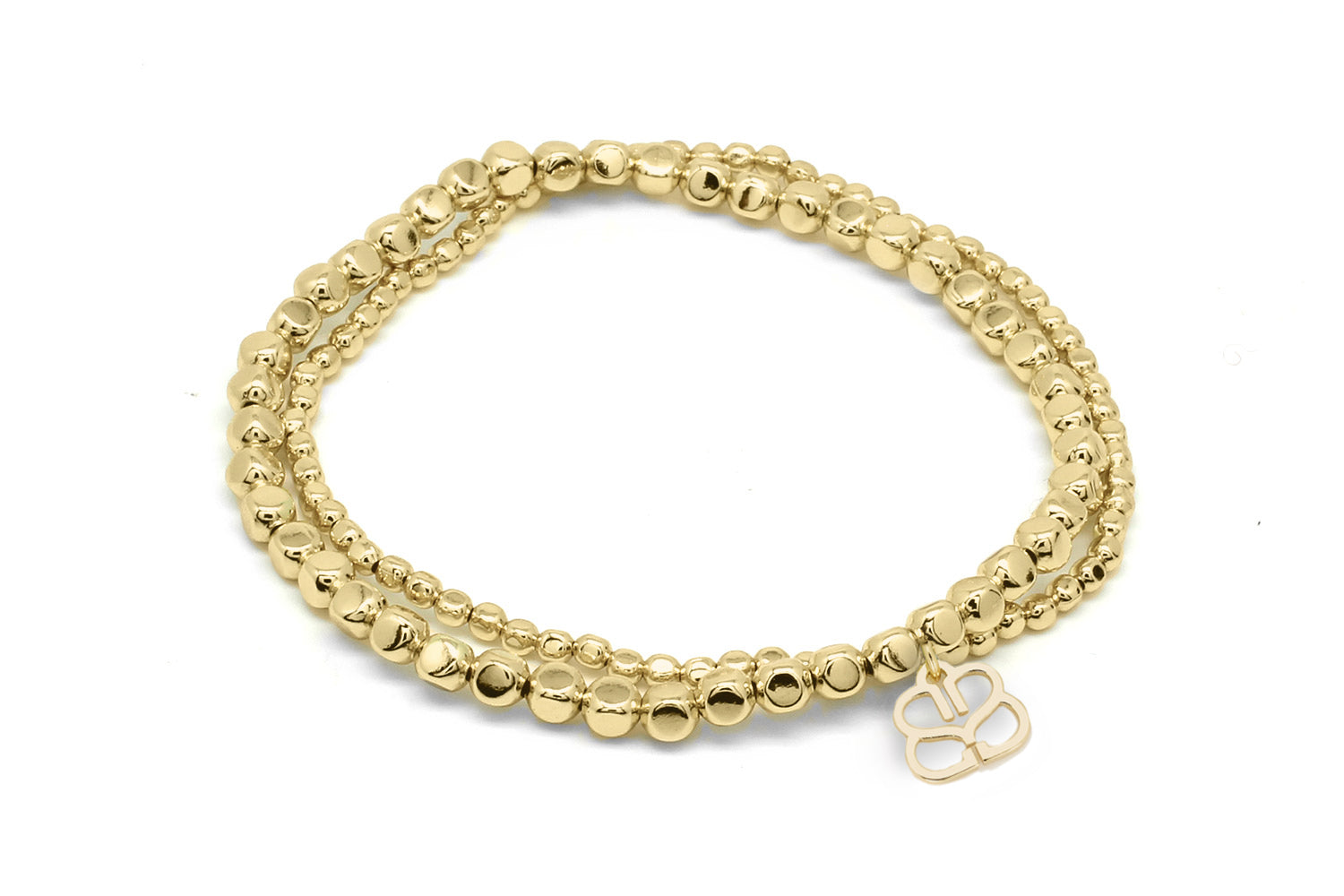 Kamala Minor Gold Stretch Bead Bracelet Set with two delicate nugget-style bead bracelets (2mm & 4mm) and a comfortable stretch fit, finished in high-quality PVD gold plating.