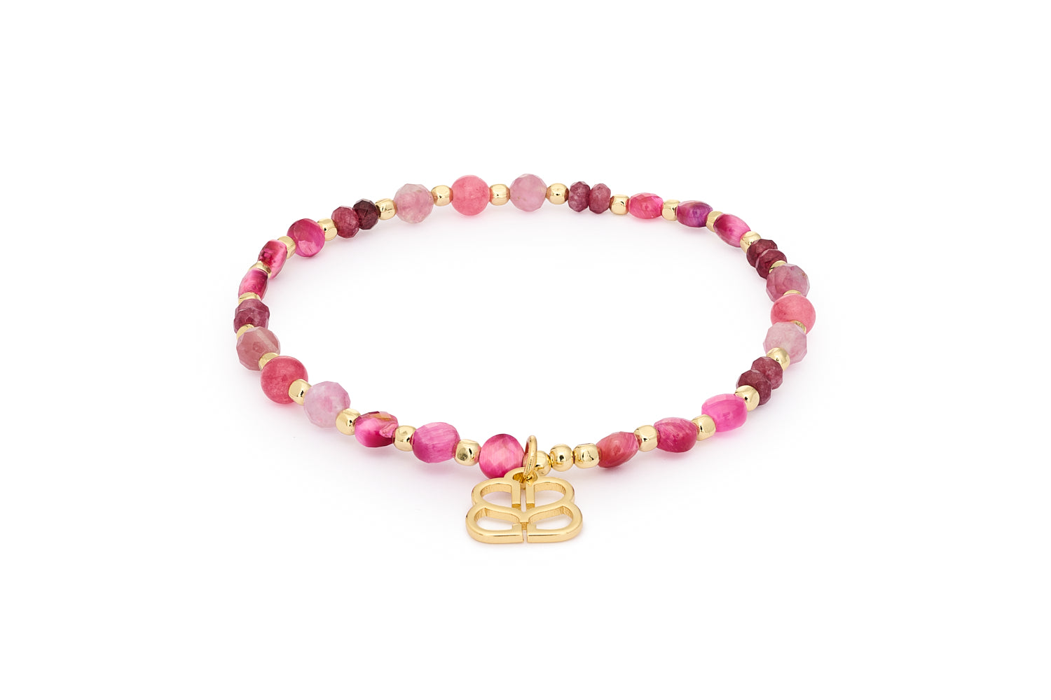 Laria Gold & Pink Tourmaline Gemstone Beaded Bracelet featuring pink tourmaline, pink jade and fuchsia tiger’s eye gemstones with 12k gold-plated brass beads in an 18cm stretch-fit design.
