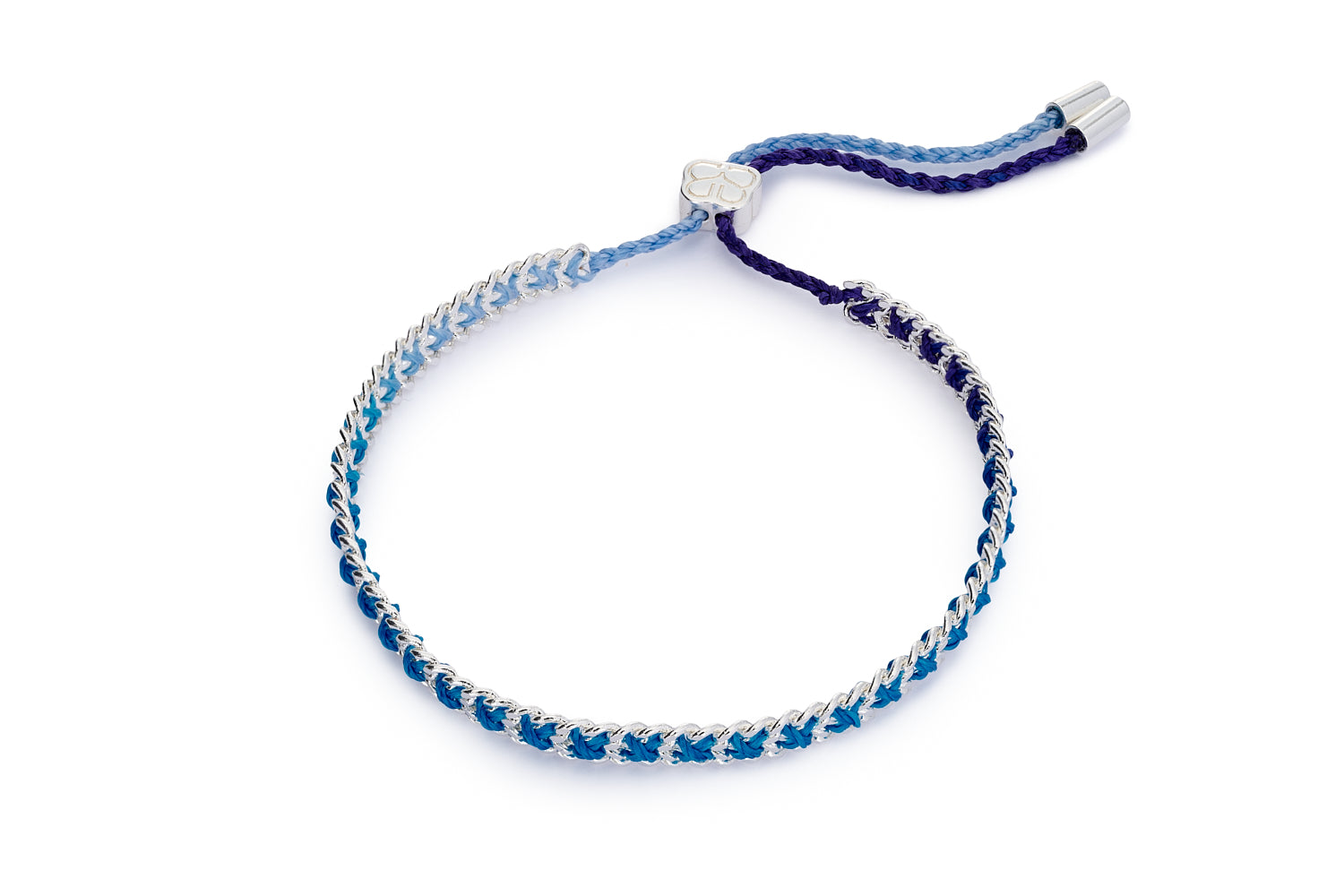 Navy and aqua woven bracelet with silver-plated chain and adjustable slider clasp