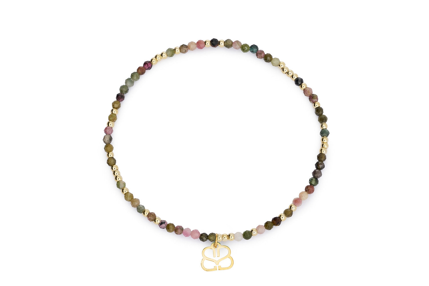 Lilias Gold & Tourmaline Stretch Bead Bracelet featuring multicoloured tourmaline gemstones, gold-plated beads, and Boho Betty charm.