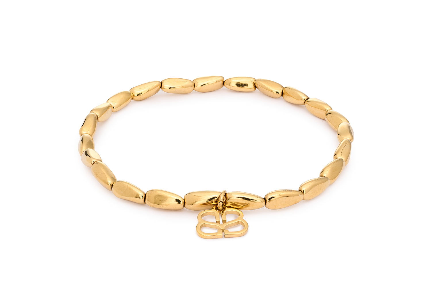 Liora Gold Bead Stretch Bracelet featuring smooth elongated 14k PVD gold-plated stainless steel beads with Boho Betty filigree charm in an 18cm stretch-fit design.