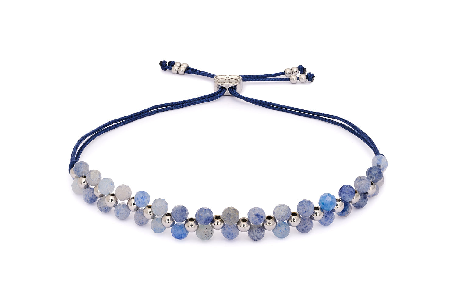 Marisol Blue Aventurine & Silver Gemstone Bracelet featuring faceted blue aventurine gemstones with silver-tone stainless steel accents and an adjustable woven slider fit.