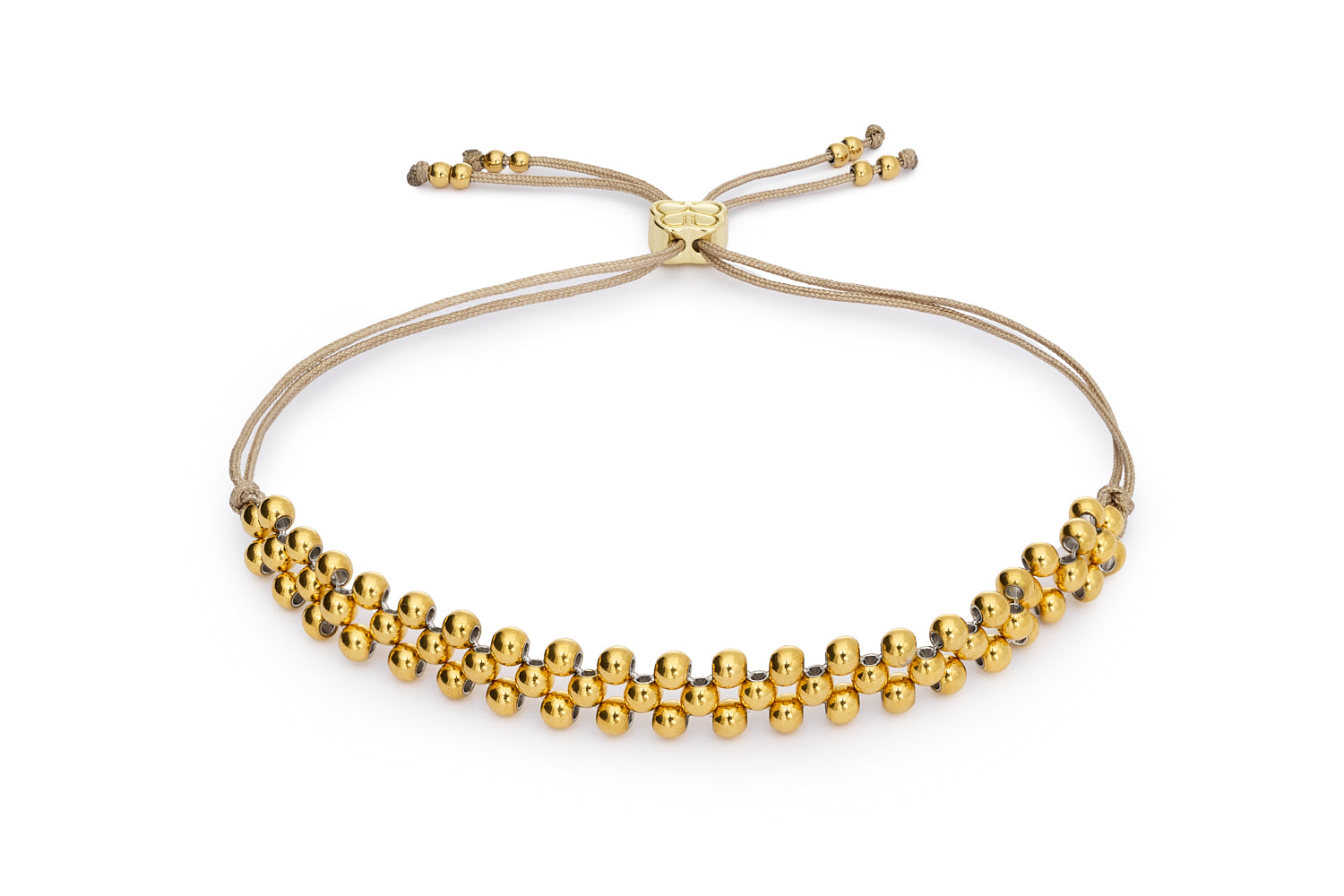 Marisol Gold Beaded Friendship Bracelet with 14k gold PVD-coated beads on a neutral woven cord in a layered triple-row design