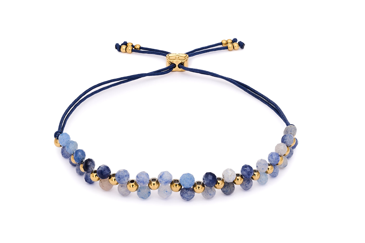 Marisol Gold & Blue Aventurine Gemstone Bracelet featuring faceted blue aventurine gemstones with PVD gold stainless steel accents and an adjustable woven slider fit.