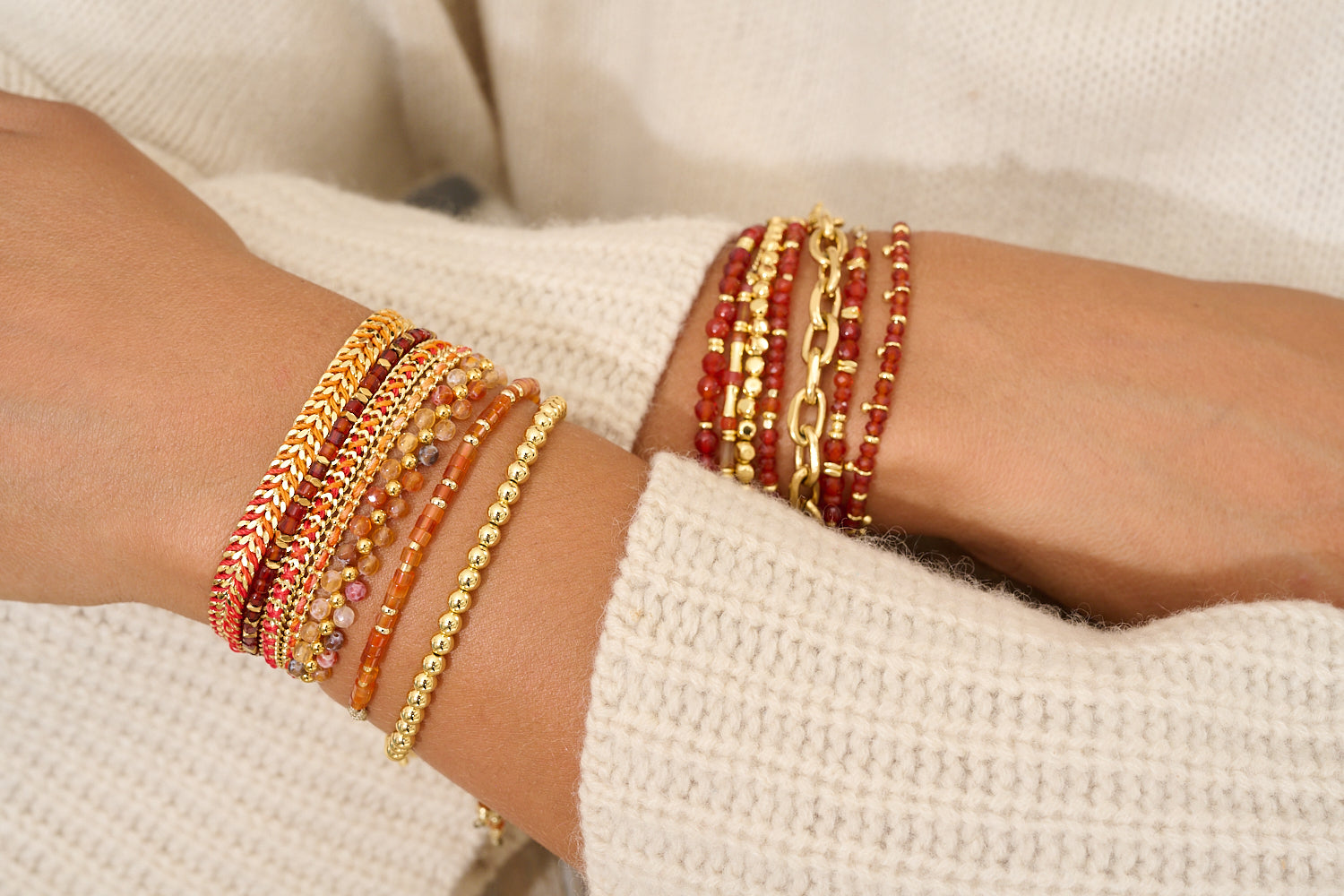 Marisol Gold & Orange Agate Gemstone Bracelet styled on the wrist, showcasing vibrant orange agate and gold details for confident, carefree everyday wear.