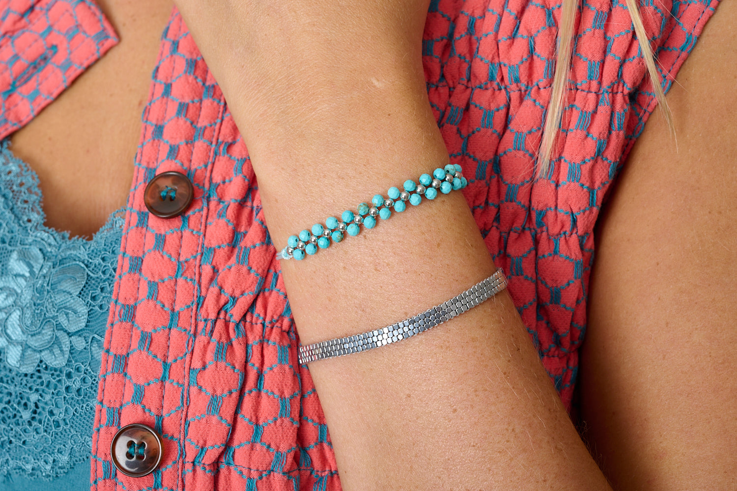 Marisol Turquoise Howlite & Silver Gemstone Bracelet featured on wrist with Boho Betty stacking bracelets in silver and turquoise tones.