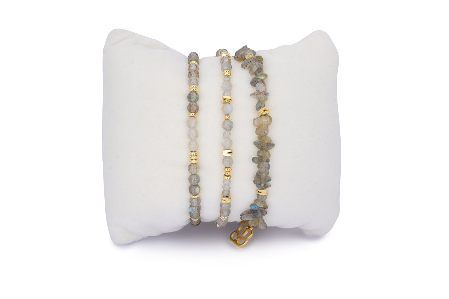 Moala Labradorite & Gold Bracelet Stack featuring three gemstone bracelets in soft gold tones with raw, faceted, and polished labradorite beads.