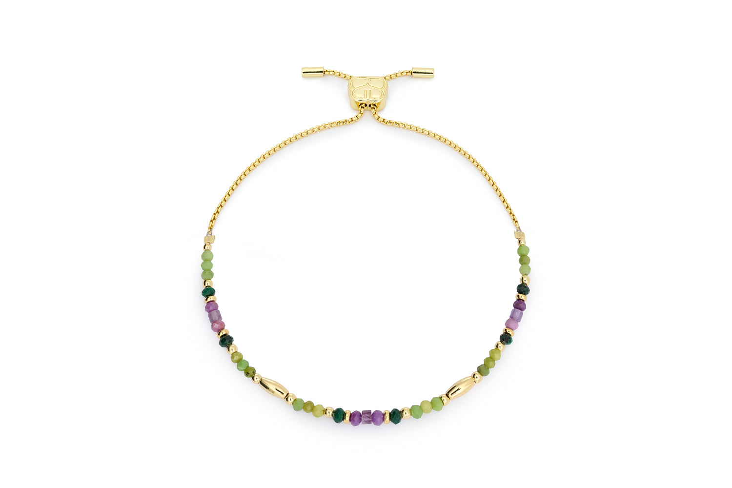 Nasrin gold slider bracelet with green jade, amethyst and healing gemstone beads on white background