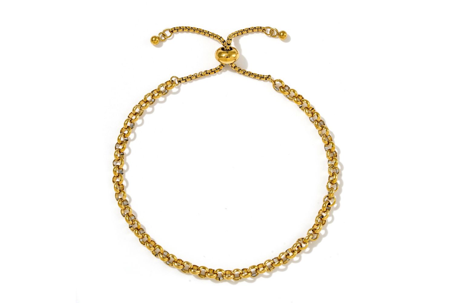 Persephone Gold Rolo Chain Slider Bracelet with rounded links and polished gold finish, adjustable for the perfect fit.