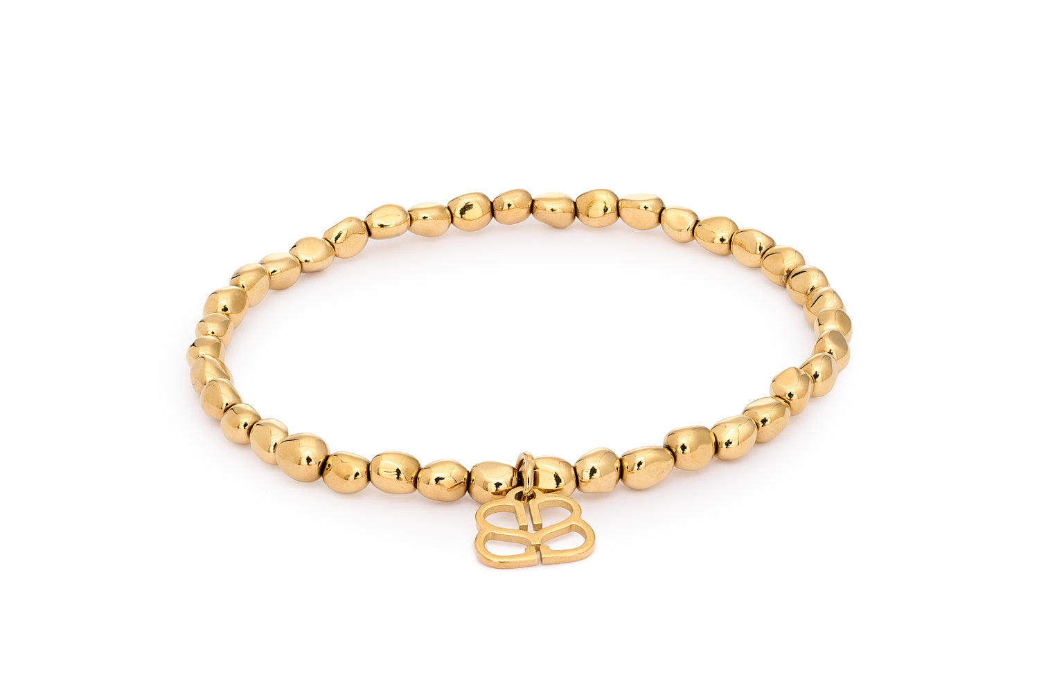 Saffron Gold Bead Stretch Bracelet featuring polished pebble-shaped 14k PVD gold-plated beads with Boho Betty filigree charm in an 18cm stretch-fit design.