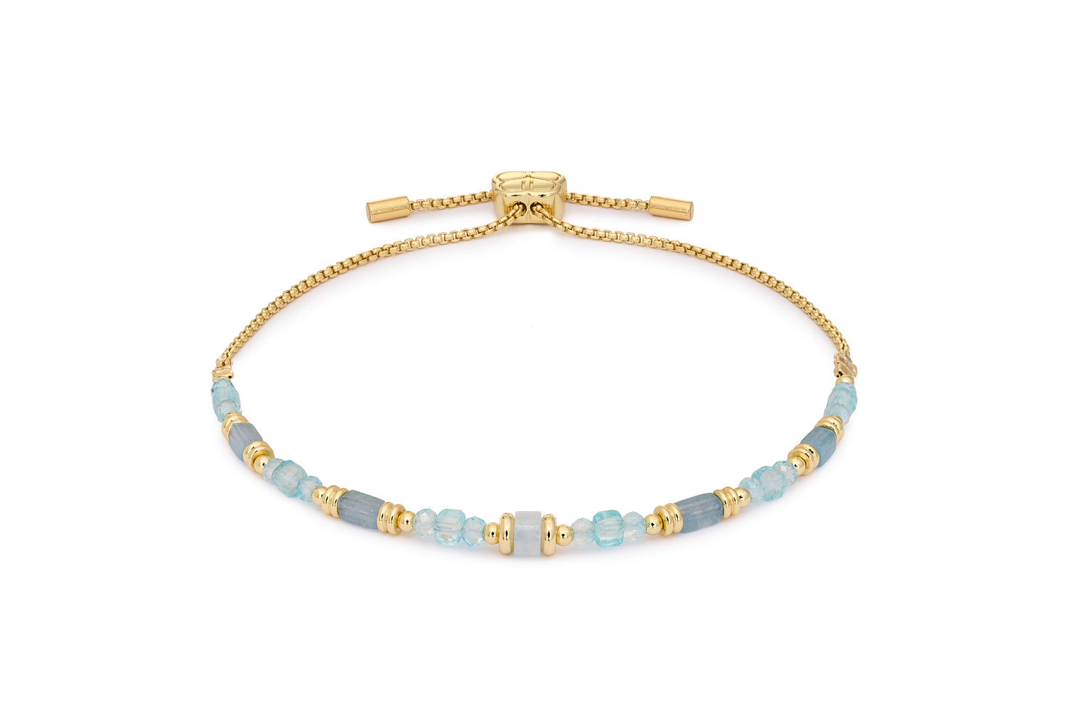 Salma Blue Topaz & Gold Friendship Bracelet featuring blue topaz gemstones and 12k gold-plated brass beads with adjustable slider fit up to 26cm.