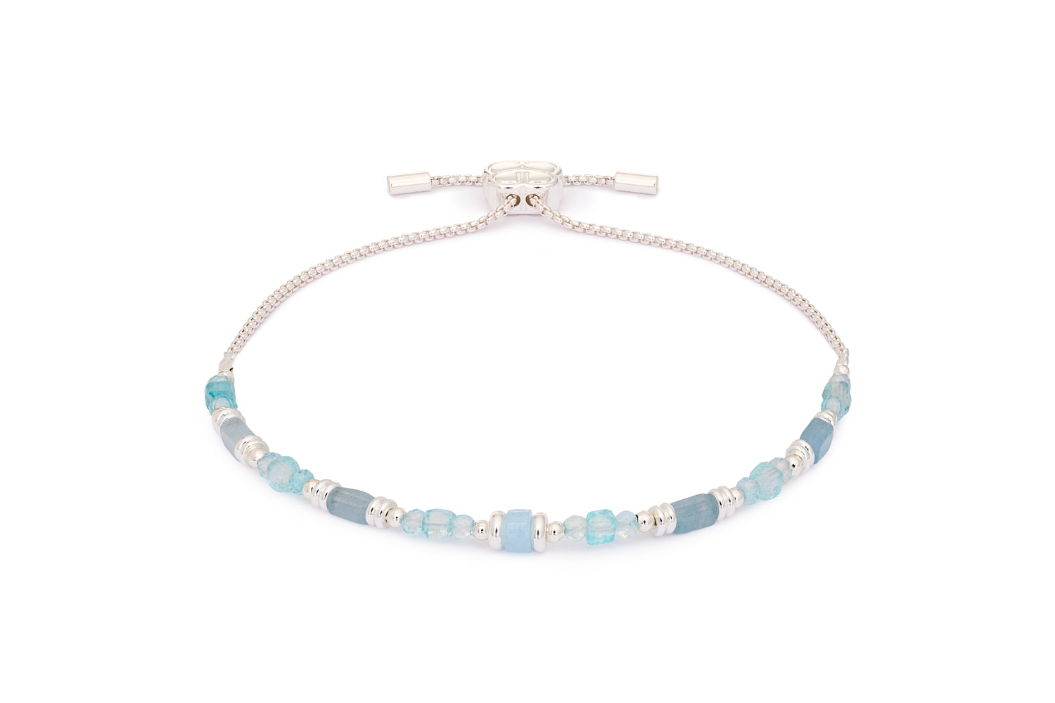 Salma Blue Topaz & Silver Friendship Bracelet featuring faceted blue topaz gemstones and sterling silver-plated brass accents with adjustable slider fit up to 26cm.