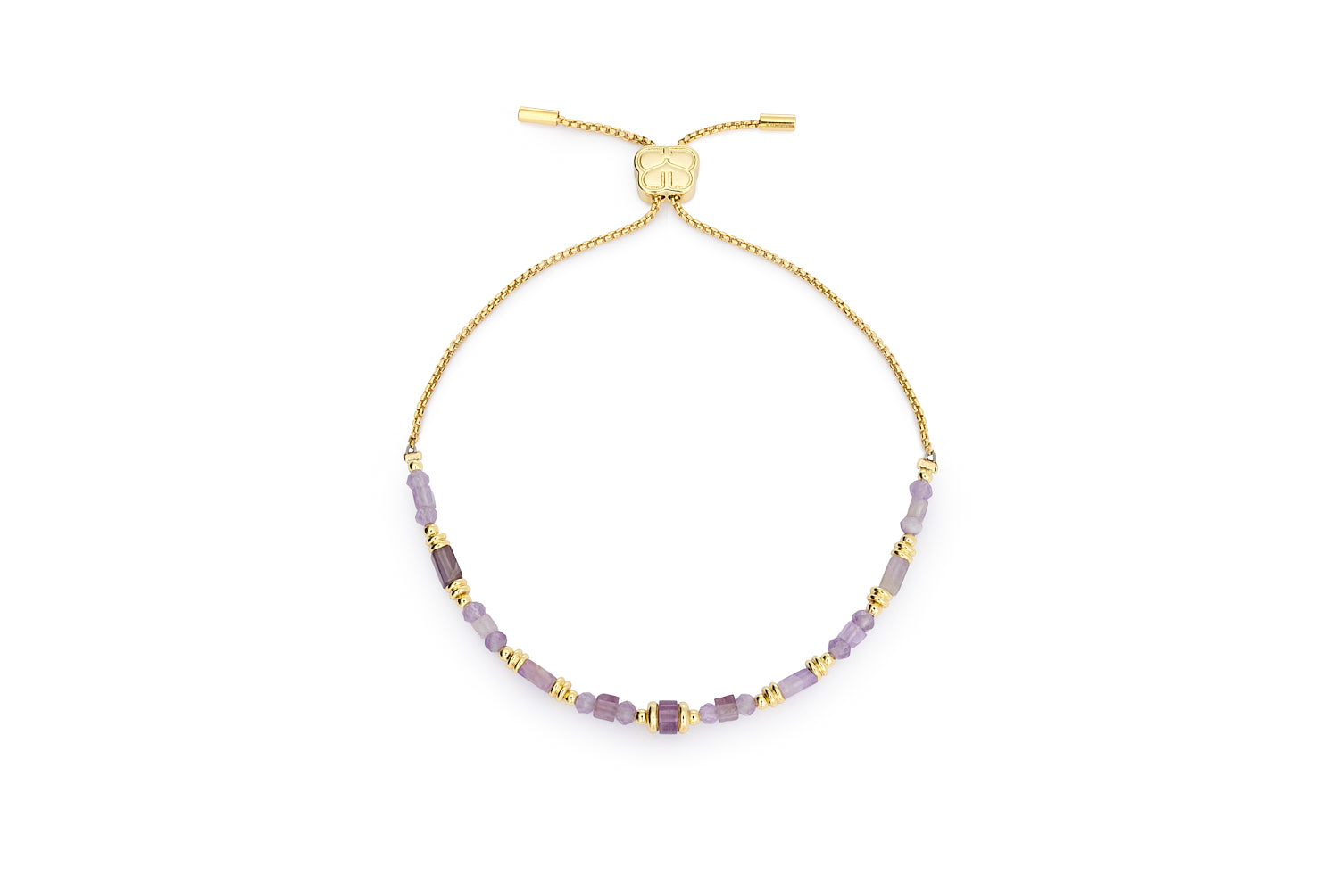 Salma Gold & Amethyst Gemstone Bracelet with soft lilac beads, adjustable gold slider chain, and Boho Betty charm.