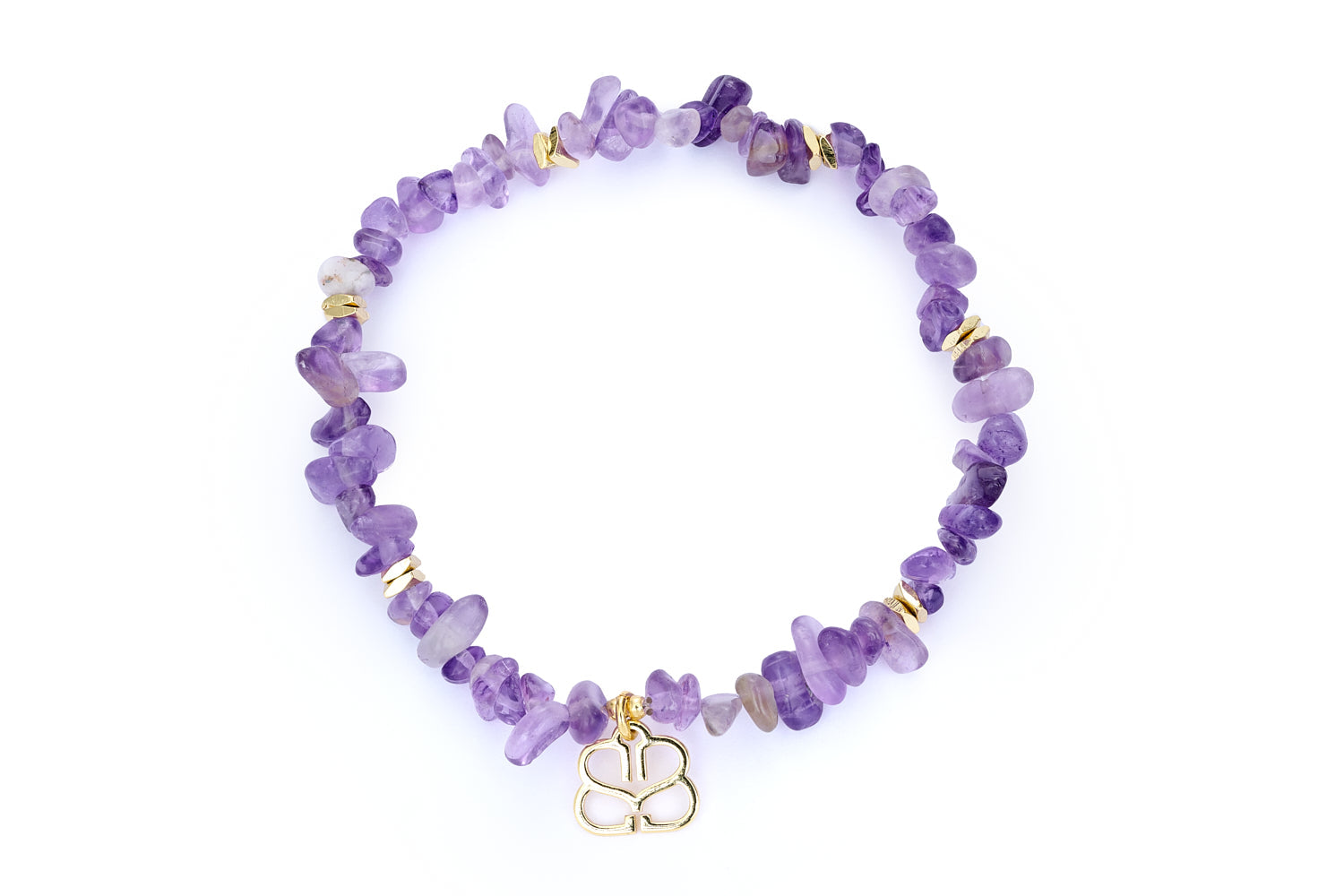 Sana Gold & Amethyst Crystal Stretch Bracelet featuring natural Amethyst gemstones, 12k gold-plated accents, and a flexible stretch fit for easy wear.