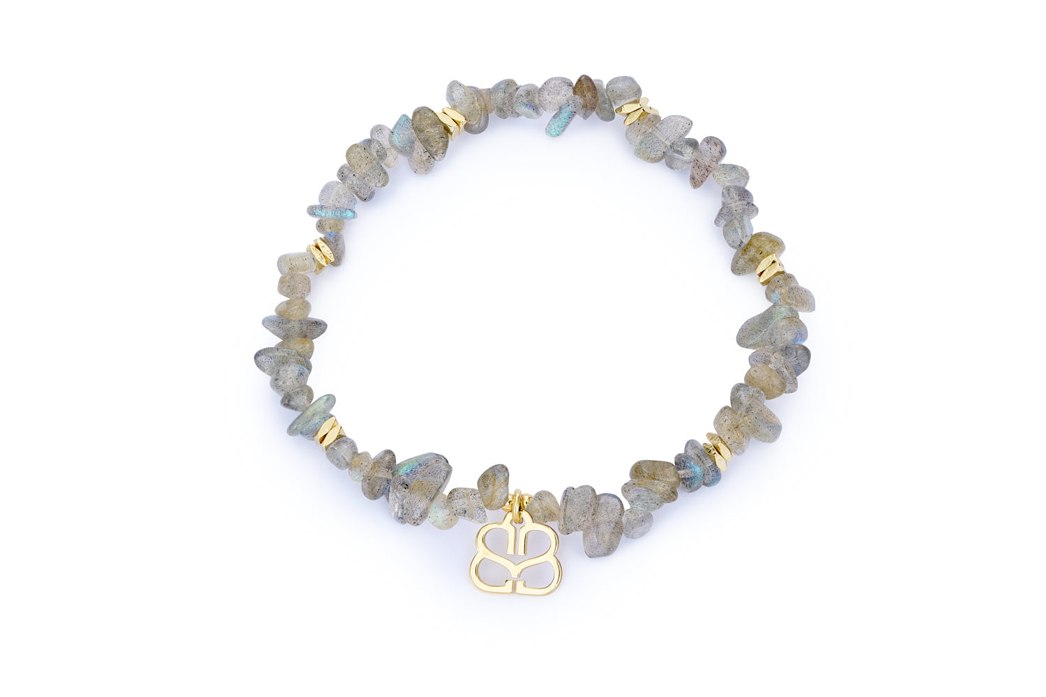 Sana Gold & Labradorite Crystal Bracelet featuring rough-cut labradorite chip beads, 12k gold-plated accents, and a Boho Betty filigree charm in a stretch bracelet design.