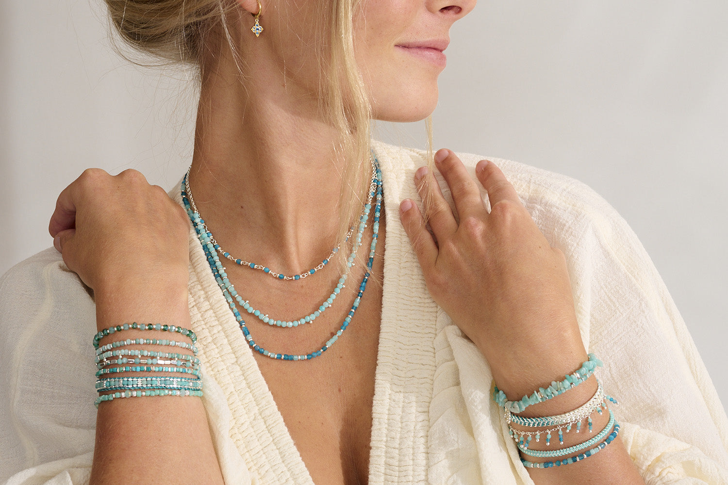 Sana Silver & Amazonite Crystal Bracelet styled on the wrist, showcasing natural amazonite gemstones and waterproof silver PVD details designed for everyday wear and effortless layering.