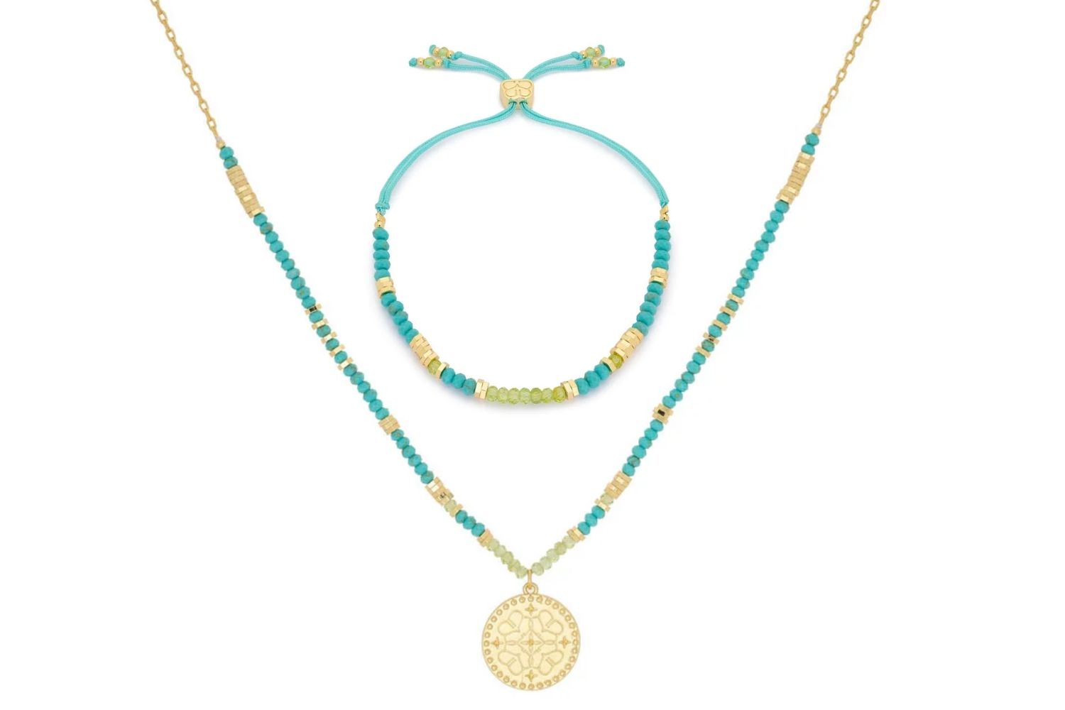 Spirea Peridot & Turquoise Necklace and Bracelet Set featuring turquoise-dyed howlite and peridot gemstones, accented with 12k gold-plated details and an Aztec-inspired gold charm.