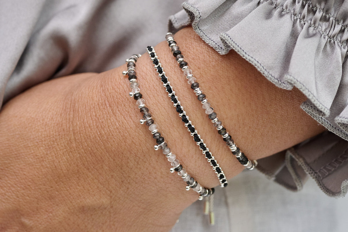 Mystical Black Rutilated Quartz Silver Bracelet layered look - Boho Betty