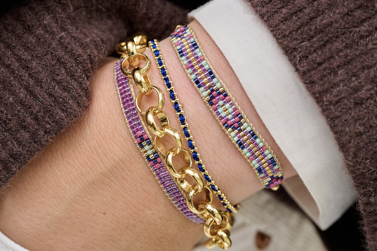 Braid Navy Blue Gold Bracelet stacked with gold bracelets - Boho Betty