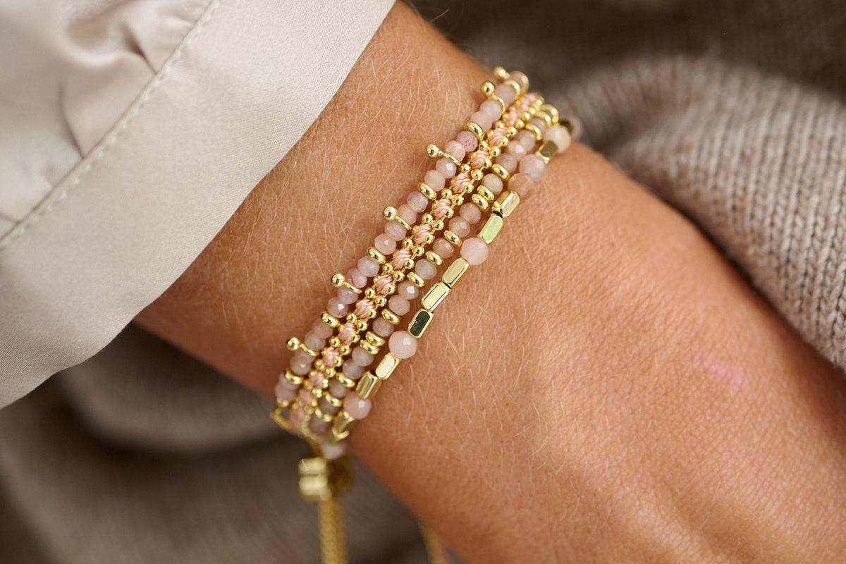 Braid Salmon Gold Bracelet stacked with sunstone bracelets - Boho Betty